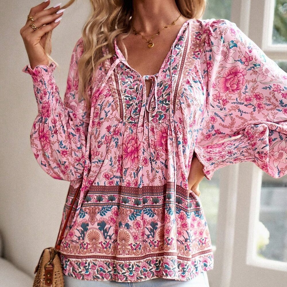 Pink Casual Women's Floral Print Shirred Cuffed Shirt - Picture 3 of 7